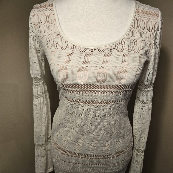 BCBG Maxazria Size XS White Tan Alice Mixed Lace Sheer long sleeve Sheath Dress - Picture 2 of 15